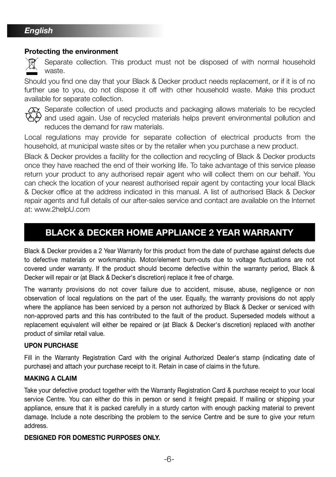 Black & Decker PX90 manual Black & Decker Home Appliance 2 Year Warranty, Protecting the environment 