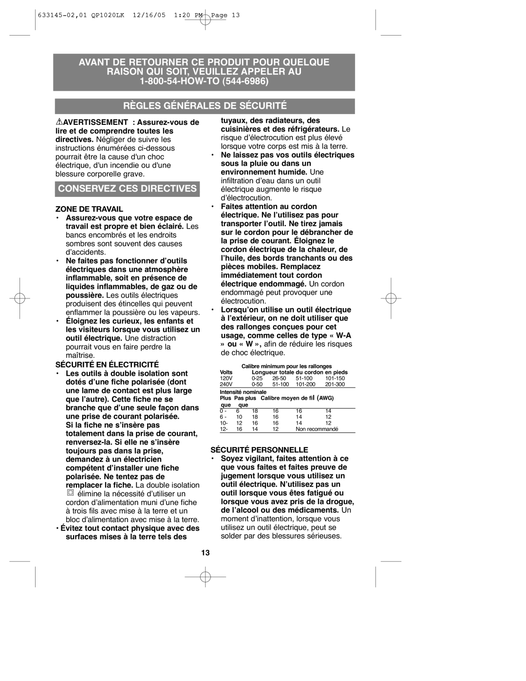 Black & Decker QP1020LK Règles Générales DE Sécurité, Zone DE Travail, Sécurité EN Électricité, Sécurité Personnelle 