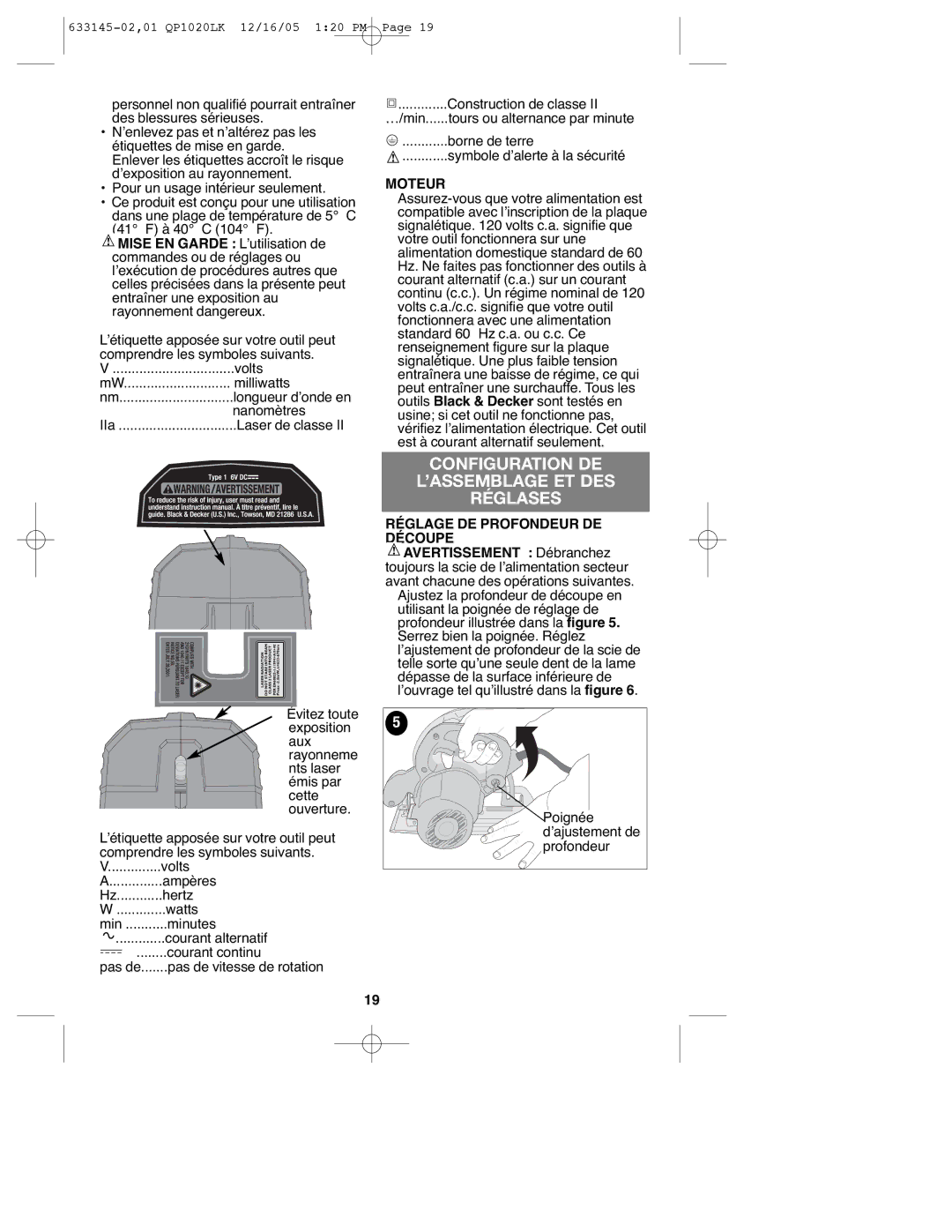 Black & Decker QP1020LK Configuration DE ’ASSEMBLAGE ET DES Réglases, Moteur, Réglage DE Profondeur DE Découpe 