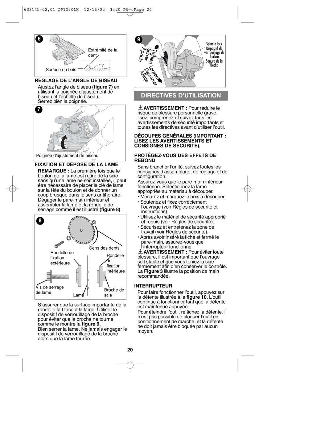 Black & Decker QP1020LK Directives D’UTILISATION, Réglage DE L’ANGLE DE Biseau, Fixation ET Dépose DE LA Lame 