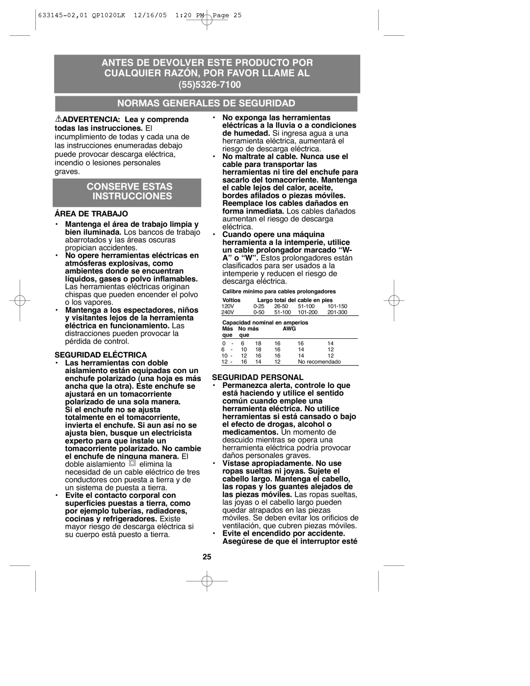 Black & Decker QP1020LK instruction manual Instrucciones, Área DE Trabajo, Seguridad Eléctrica, Seguridad Personal 