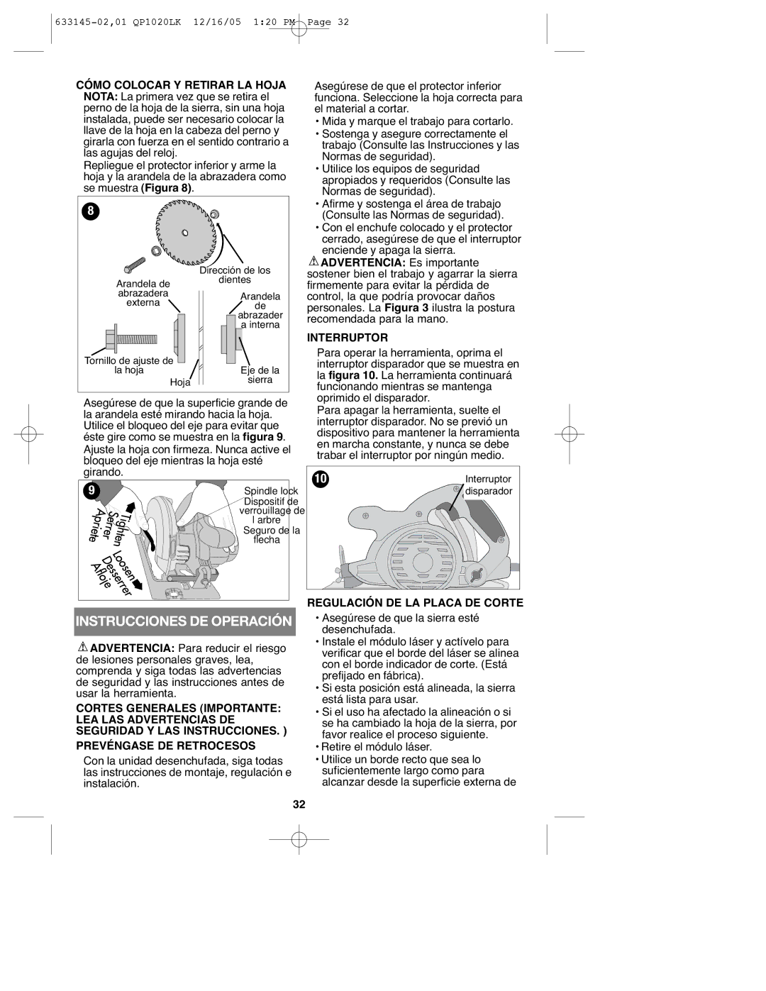 Black & Decker QP1020LK instruction manual Instrucciones DE Operación, Interruptor, Regulación DE LA Placa DE Corte 