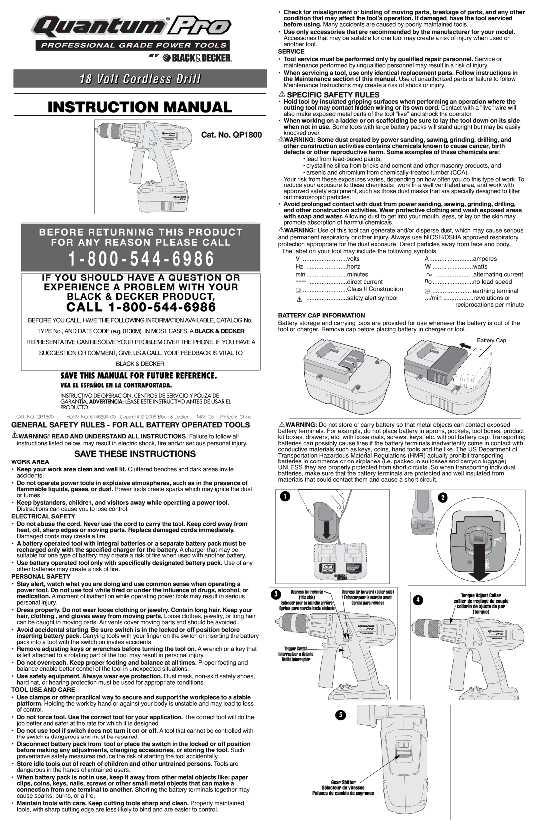 Black & Decker 5146694-00 instruction manual General Safety Rules for ALL Battery Operated Tools, Specific Safety Rules 