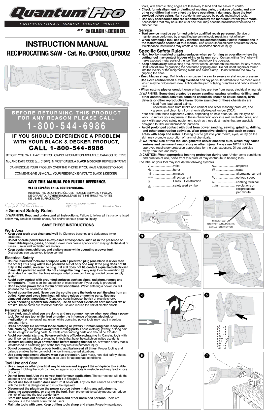 Black & Decker QP5002, QP5000 instruction manual Service, Work Area, Electrical Safety, Personal Safety, Tool Use and Care 