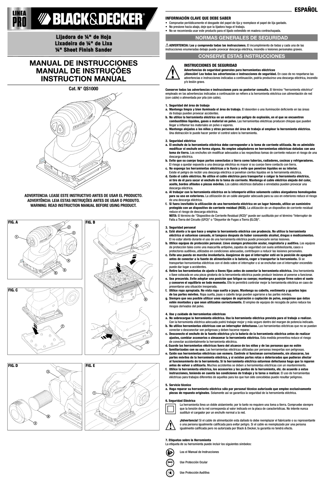 Black & Decker 90549547, QS1000 instruction manual Español, Normas Generales DE Seguridad, Conserve Estas Instrucciones 