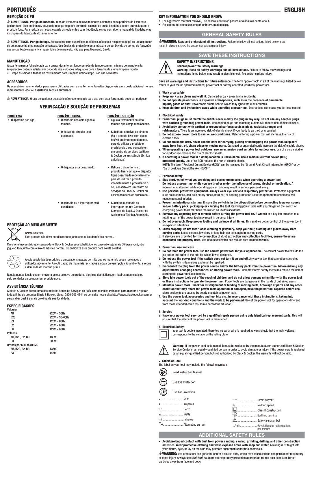 Black & Decker QS800 Português, English, Verificação E Solução DE Problemas, General Safety Rules, Additional Safety Rules 