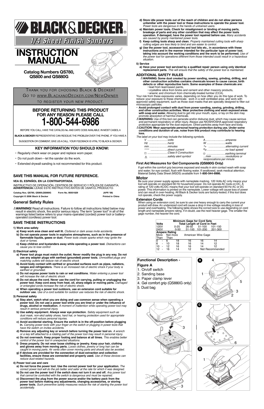 Black & Decker QS780, QS880G, 90501829 instruction manual General Safety Rules, Motor, KEY Information YOU should Know 