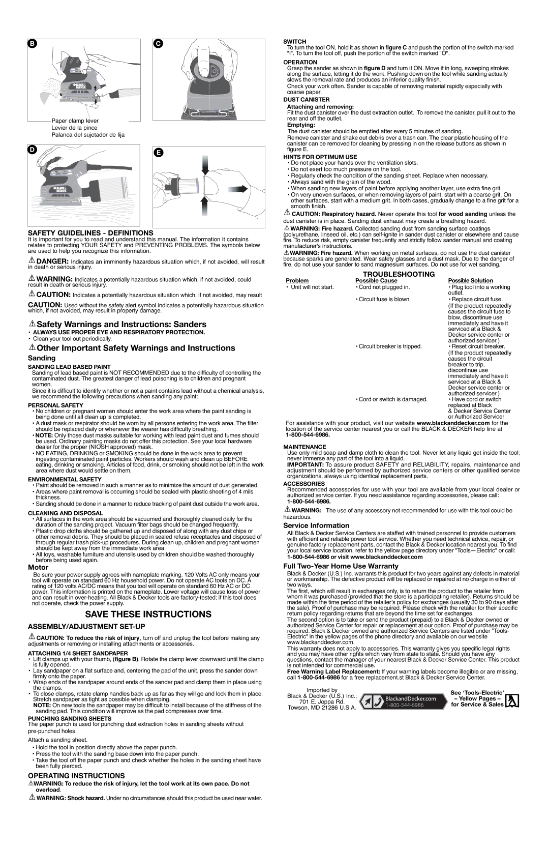 Black & Decker QS900, 90533144 Safety Warnings and Instructions Sanders, Other Important Safety Warnings and Instructions 