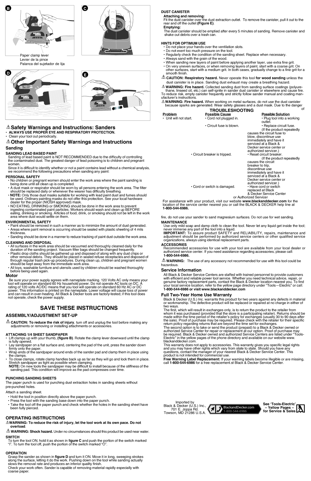 Black & Decker QS900 Safety Warnings and Instructions Sanders, Other Important Safety Warnings and Instructions 