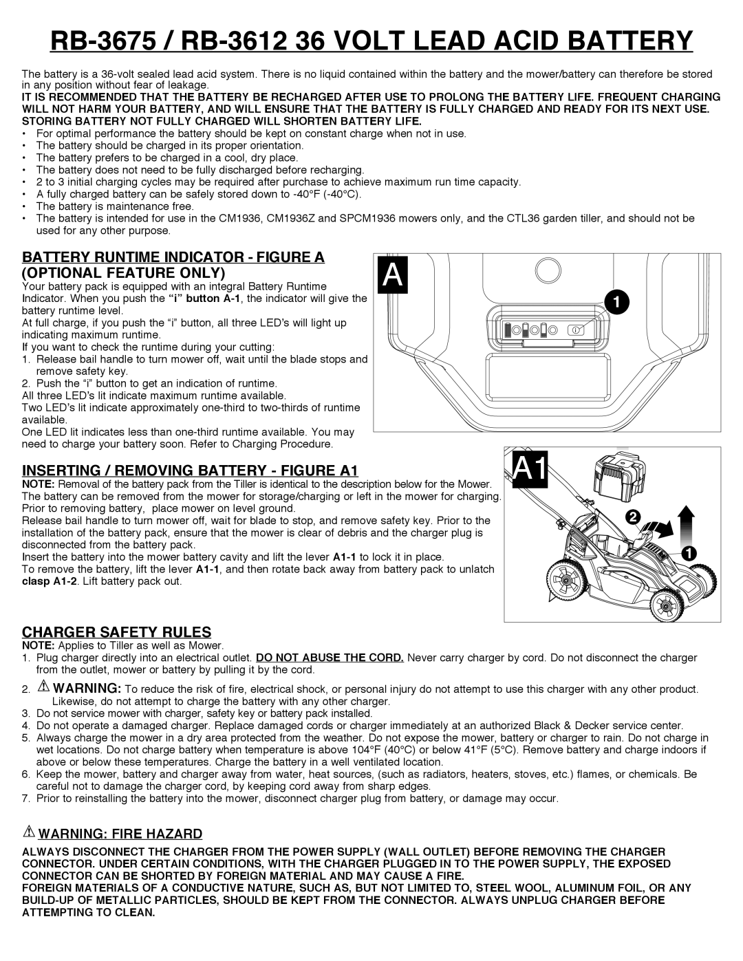 Black & Decker RB-3675, RB-3612 manual BATTERY RUNTIME INDICATOR Figure a Optional Feature only, Charger safety rules 