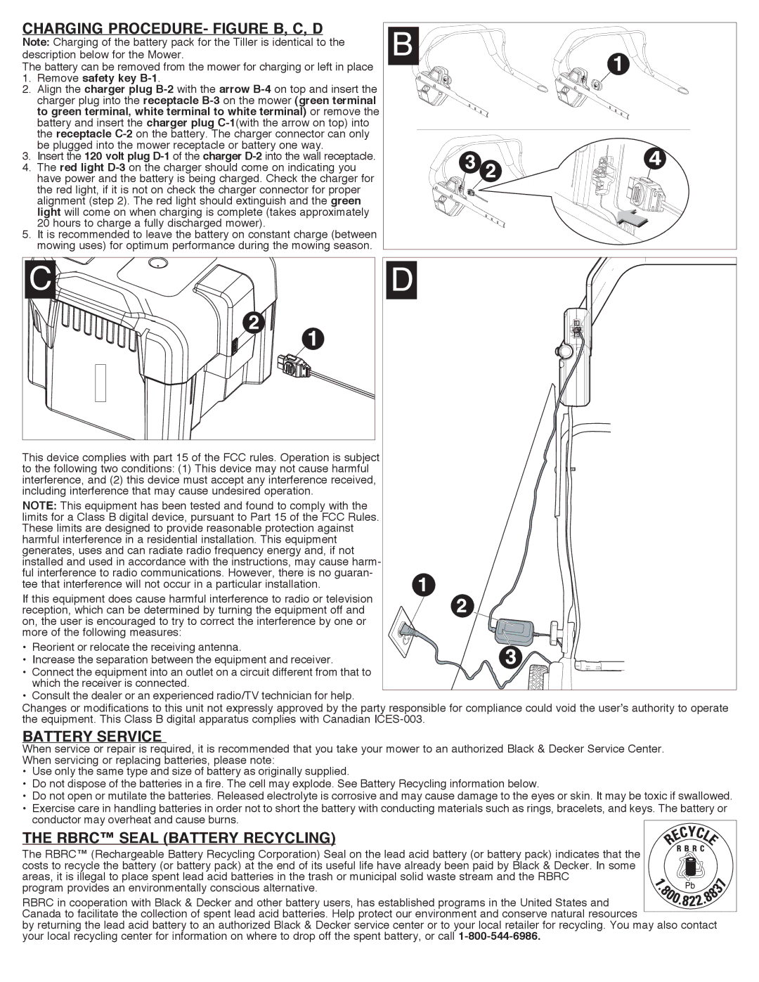 Black & Decker RB-3612, RB-3675 manual Charging PROCEDURE- Figure B, C, D, Battery Service, Rbrc Seal Battery Recycling 