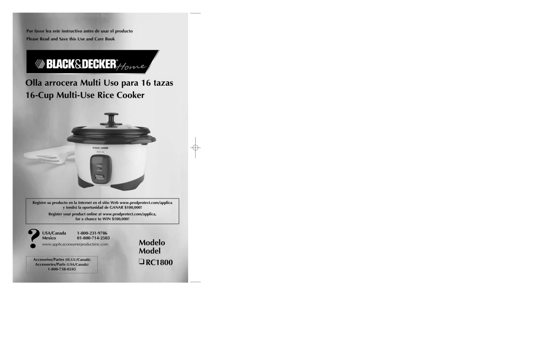 Black & Decker RC1800 manual Olla arrocera Multi Uso para 16 tazas 16-Cup Multi-Use Rice Cooker, Modelo Model 