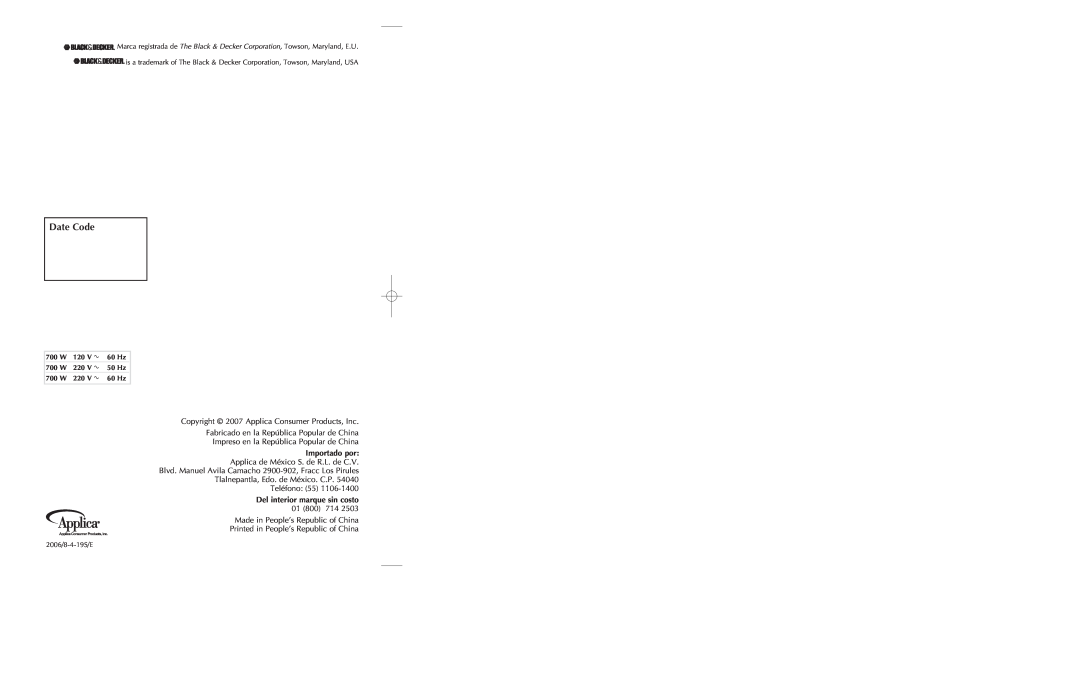 Black & Decker RC1800 manual Date Code, Importado por 