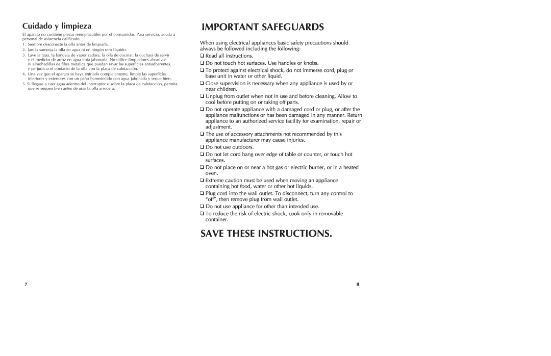 Black & Decker RC1800 manual Important Safeguards, Save These Instructions, Cuidado y limpieza 