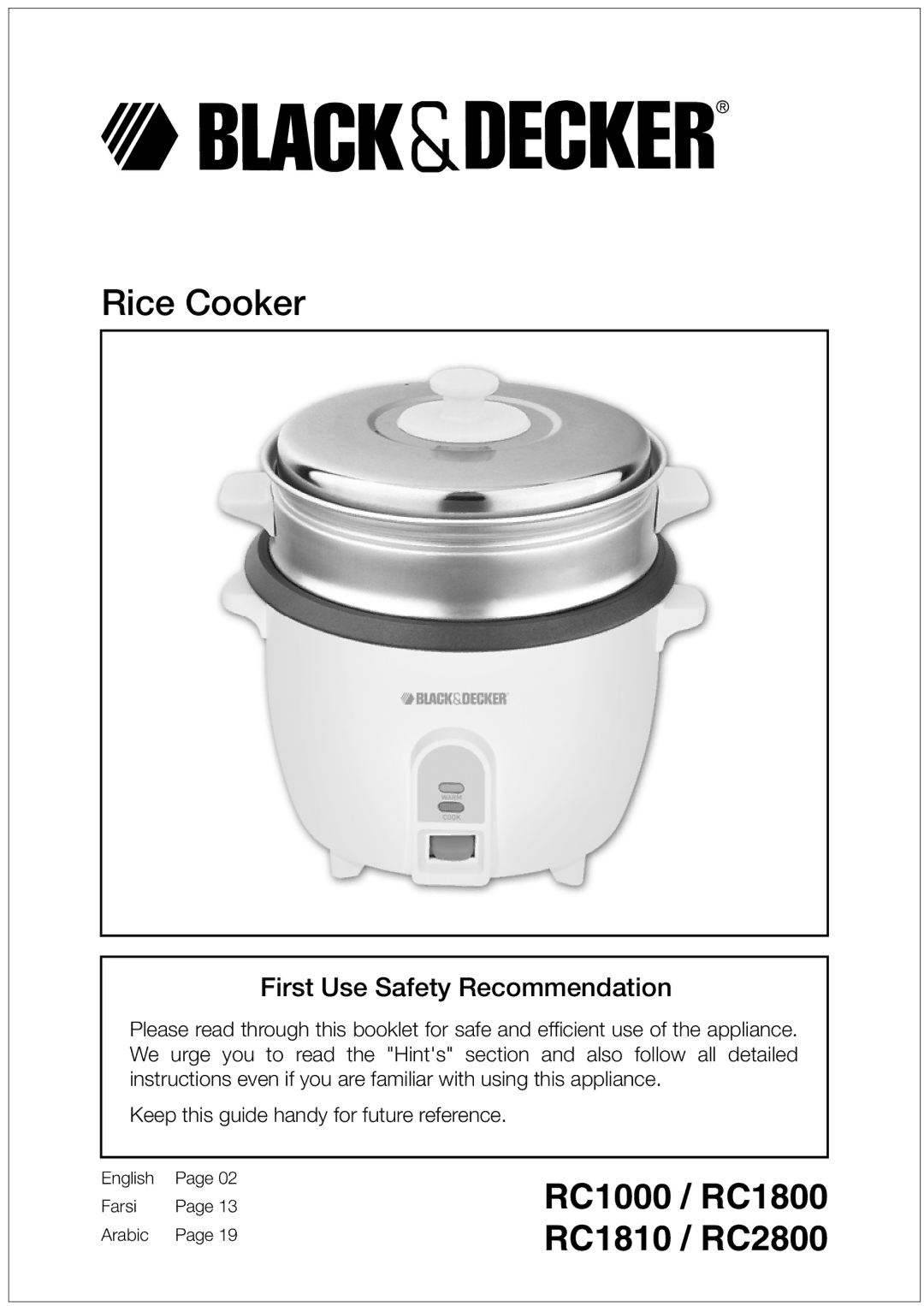 Black & Decker RC2800, RC1810, RC1000 manual Rice Cooker, English Farsi Arabic 