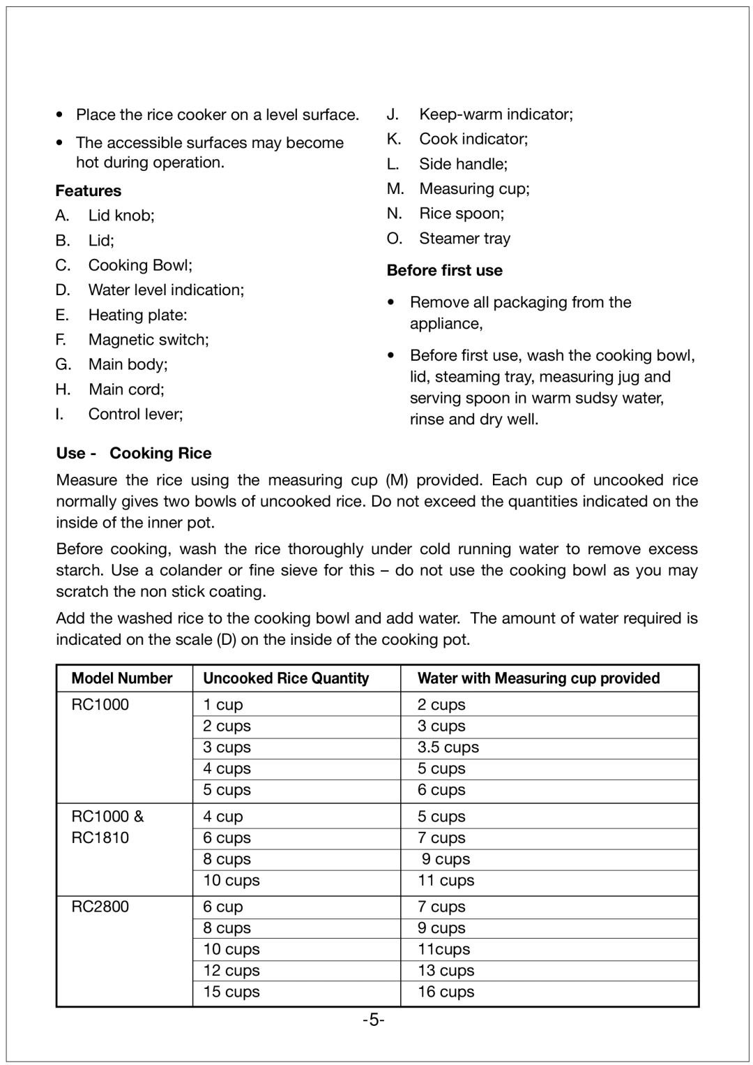 Black & Decker manual Features, Use Cooking Rice, Before ﬁrst use, RC1000 Cup Cups RC1810 RC2800 11cups 