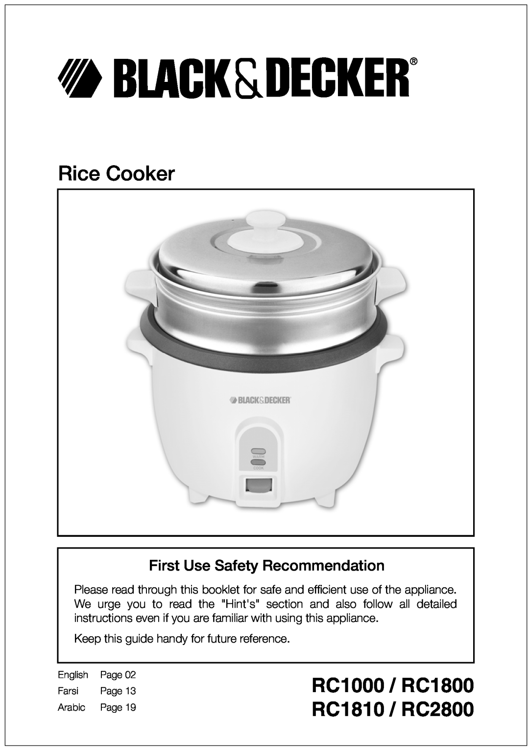 Black & Decker manual Rice Cooker, RC1000 / RC1800 RC1810 / RC2800, First Use Safety Recommendation, English, Page 