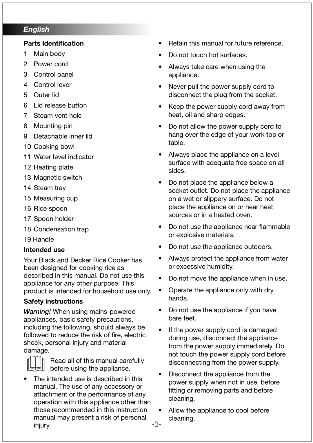 Black & Decker RC1820 manual Parts Identiﬁcation, Intended use 