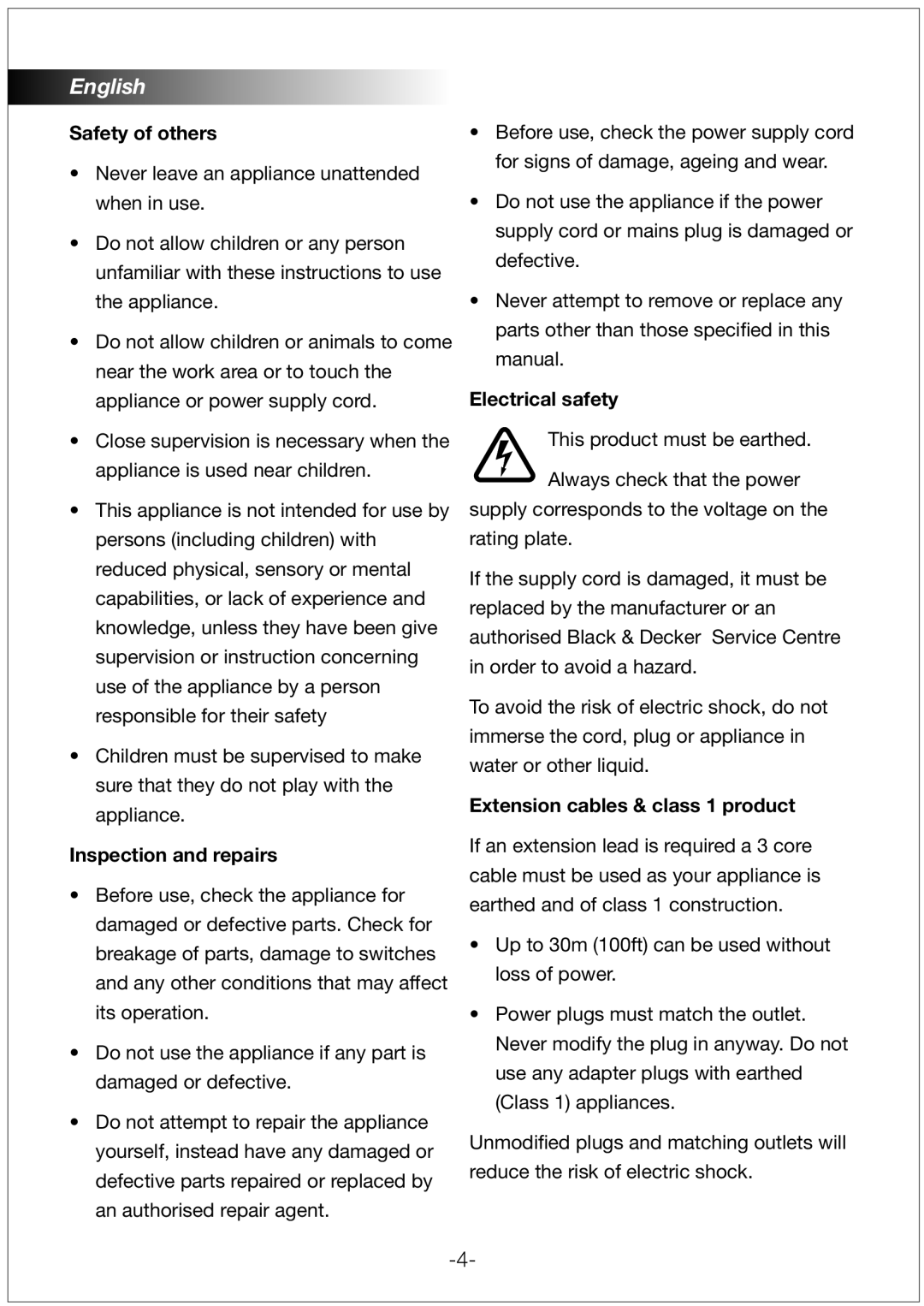 Black & Decker RC1820 Safety of others, Inspection and repairs, Electrical safety, Extension cables & class 1 product 