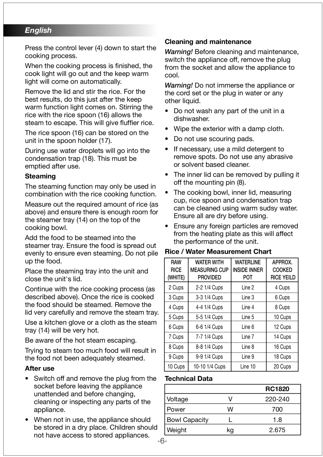 Black & Decker RC1820 manual Steaming, After use, Cleaning and maintenance, Rice / Water Measurement Chart, Technical Data 