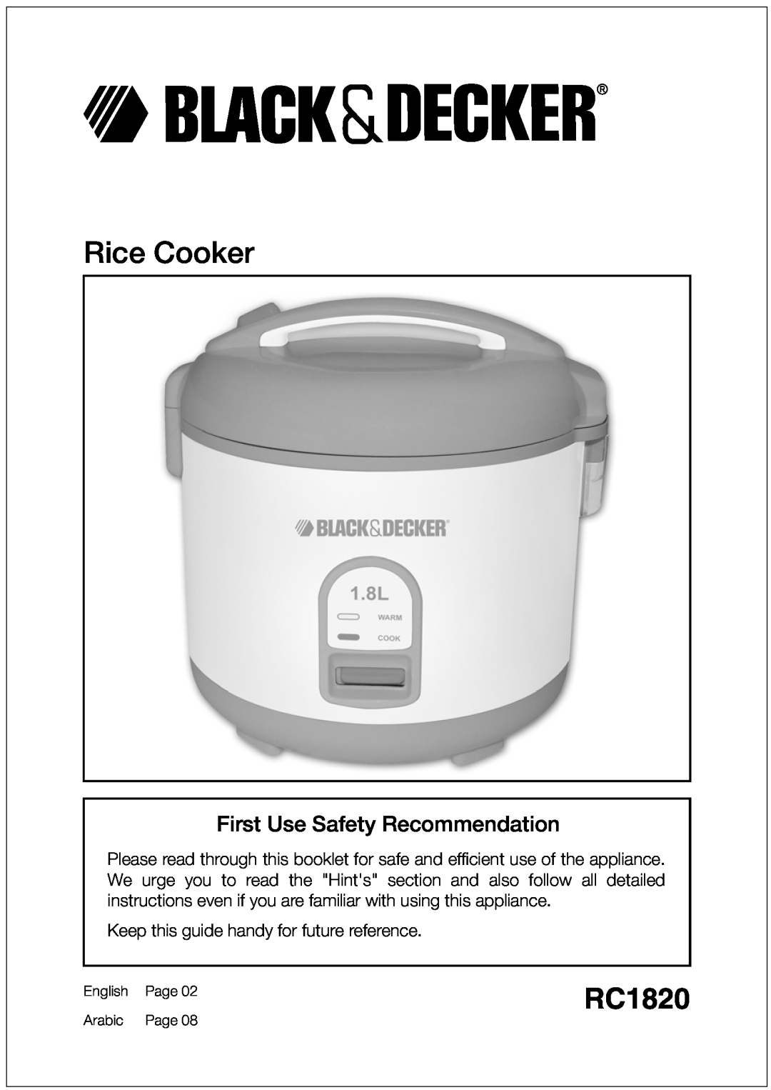 Black & Decker RC1820 manual First Use Safety Recommendation, Rice Cooker, Keep this guide handy for future reference 