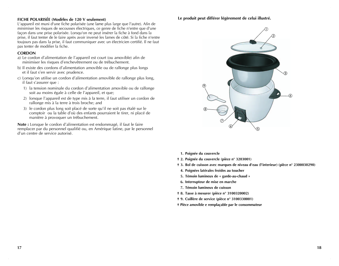 Black & Decker RC3203 manual Fiche Polarisée Modèles de 120 V seulement, Cordon 