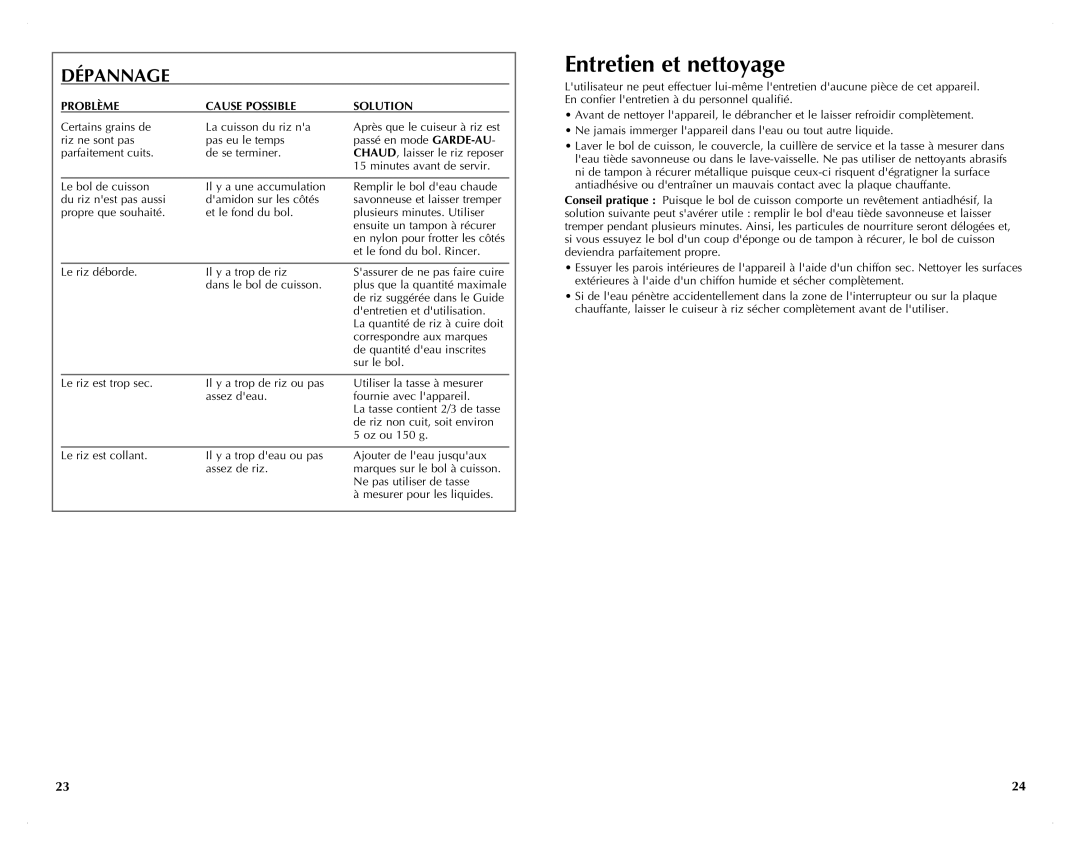 Black & Decker RC3203 manual Entretien et nettoyage, Dépannage, Problème Cause Possible Solution 