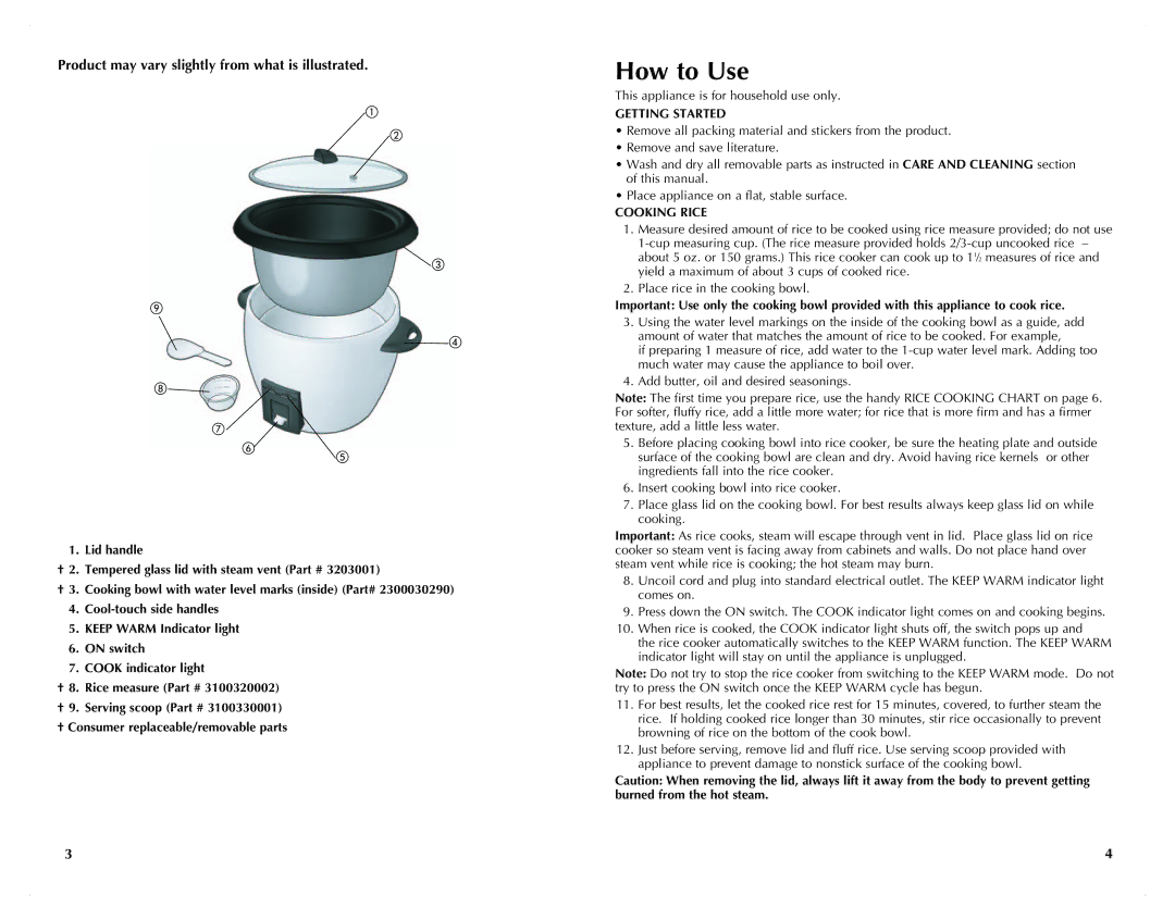 Black & Decker RC3203 manual How to Use, Product may vary slightly from what is illustrated, Getting Started, Cooking Rice 