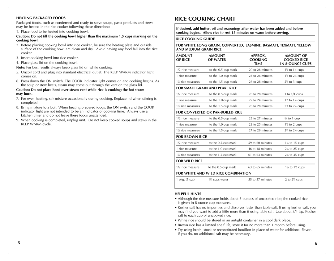 Black & Decker RC3203 manual Rice Cooking Chart 