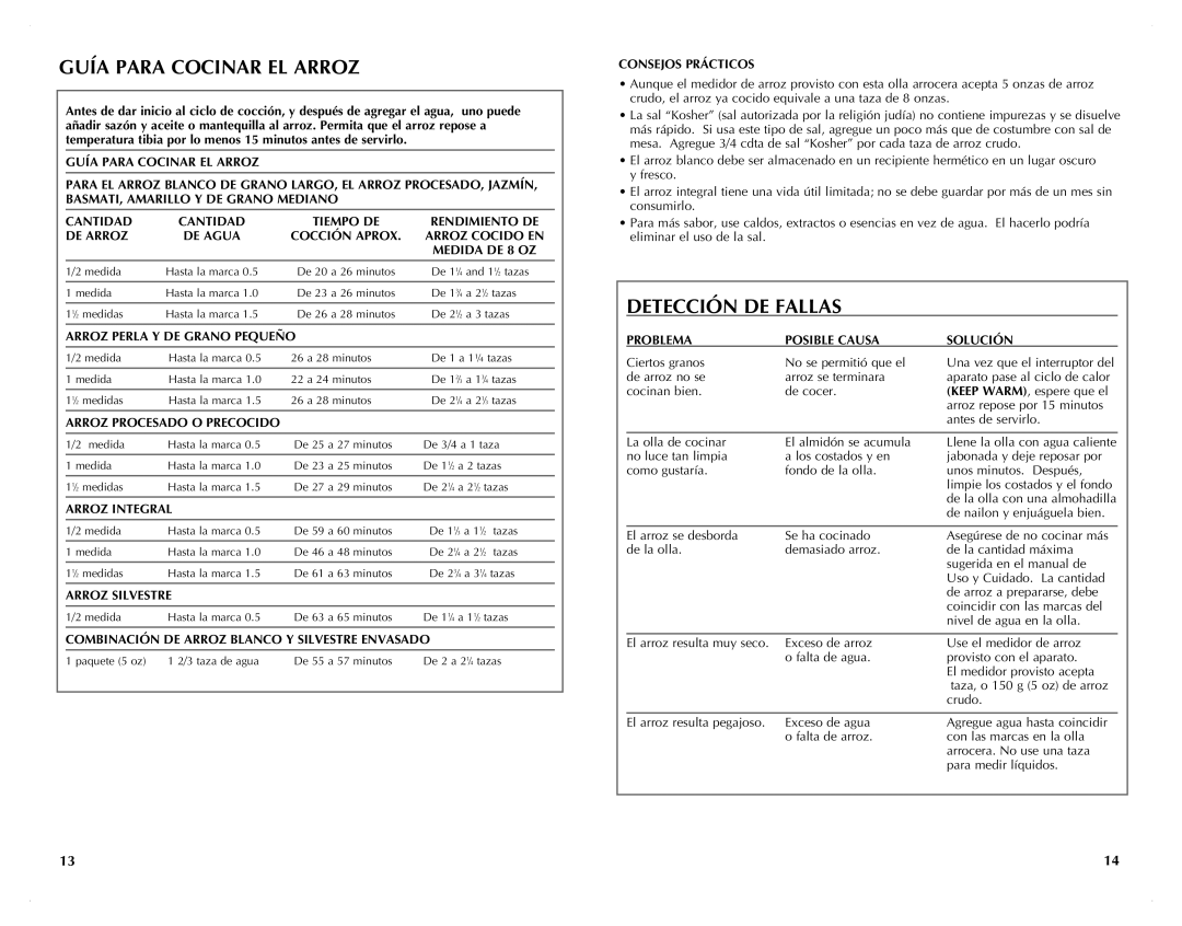 Black & Decker RC3203 manual Guía Para Cocinar EL Arroz, Detección DE Fallas 