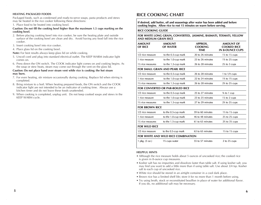 Black & Decker RC3203 manual Rice Cooking Chart 