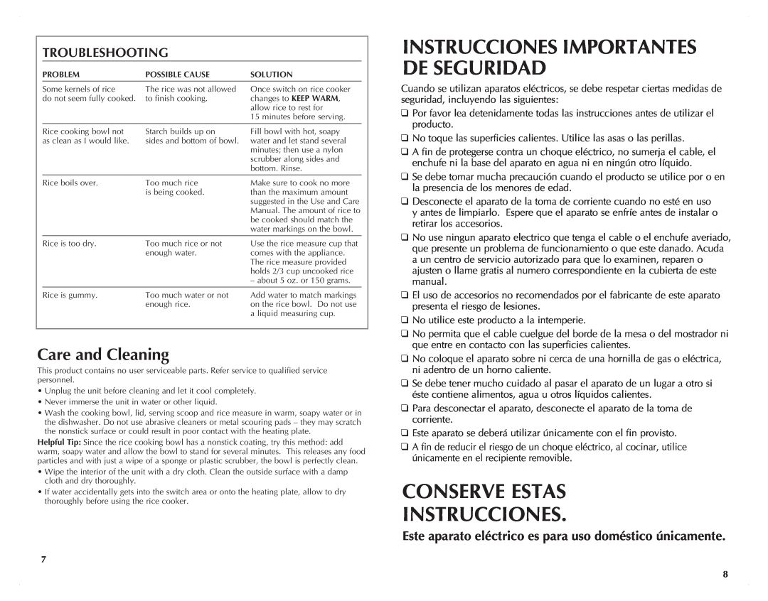 Black & Decker RC3203 manual Conserve Estas Instrucciones, Care and Cleaning, Troubleshooting 
