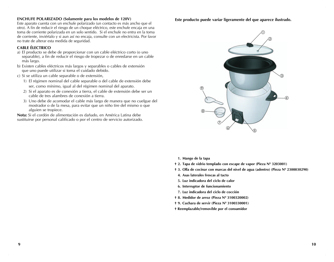 Black & Decker RC3203 manual ENCHUFE POLARIZADO Solamente para los modelos de, Cable Électrico 