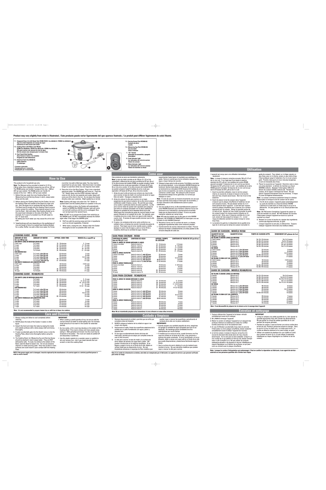 Black & Decker RC400 manual GUIDE DE CUISSON - MODÈLE RC550, COOKING GUIDE - RC550, GUIA PARA COCINAR - RC550, Utilisation 