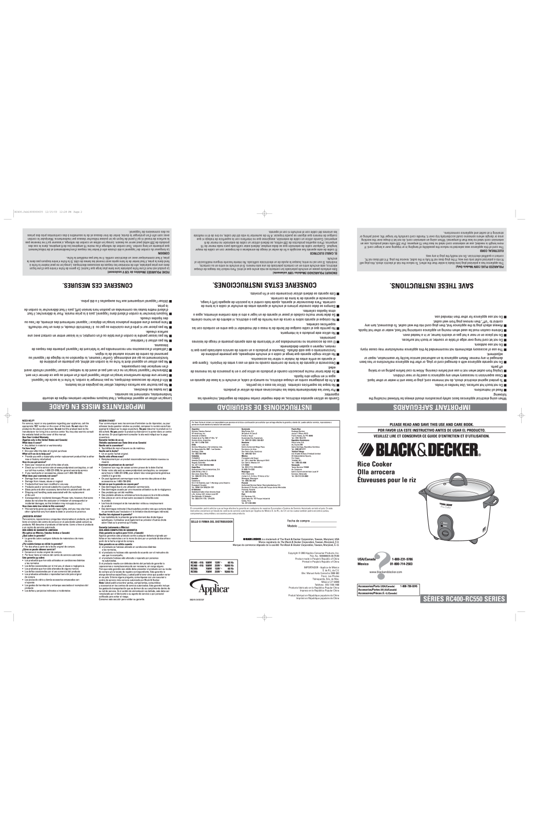 Black & Decker RC400 Please Read And Save This Use And Care Book, Por Favor Lea Este Instructivo Antes De Usar El Producto 