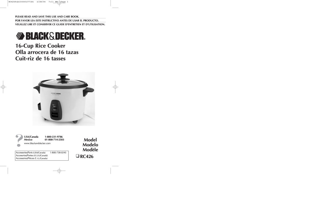 Black & Decker manual Cup Rice Cooker, Model Modelo Modèle RC426, Olla arrocera de 16 tazas Cuit-riz de 16 tasses 
