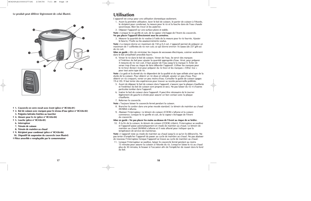 Black & Decker RC426 manual Utilisation, Le produit peut différer légèrement de celui illustré 