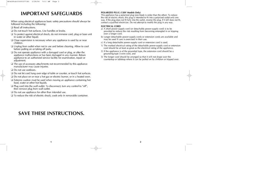 Black & Decker RC426 manual Important Safeguards, Save These Instructions 