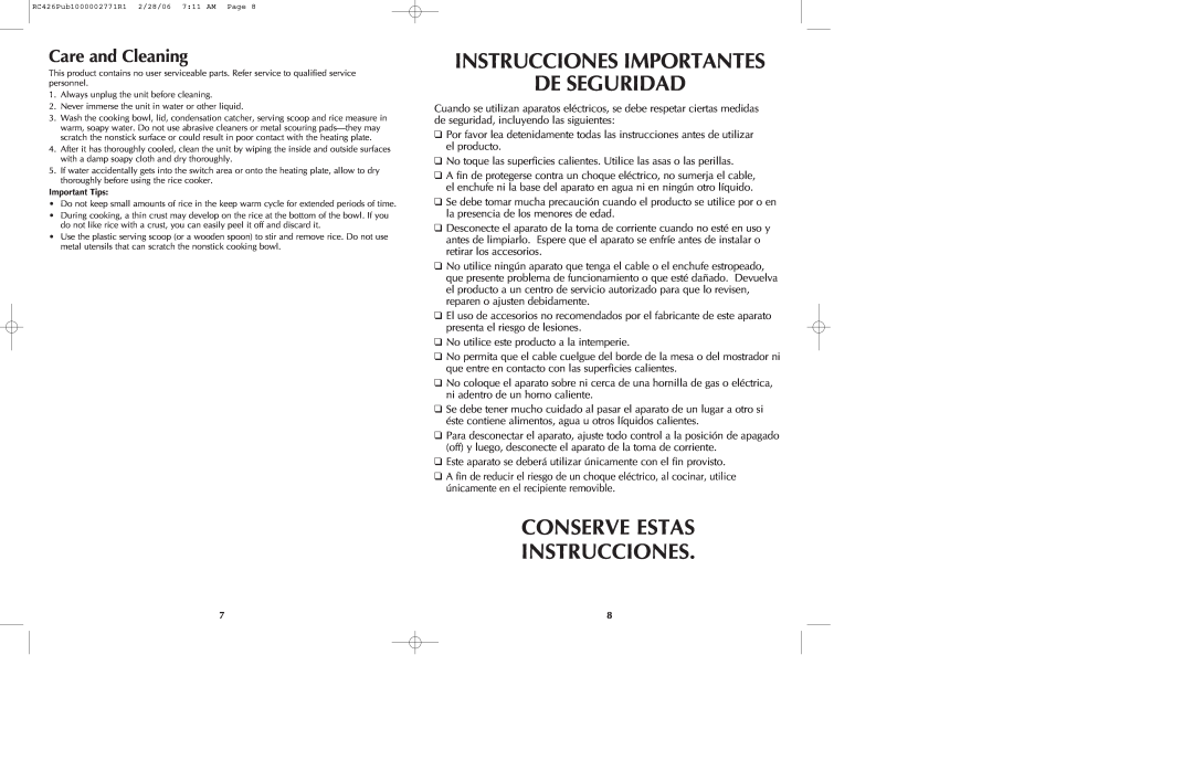 Black & Decker RC426 manual Instrucciones Importantes De Seguridad, Conserve Estas Instrucciones, Care and Cleaning 