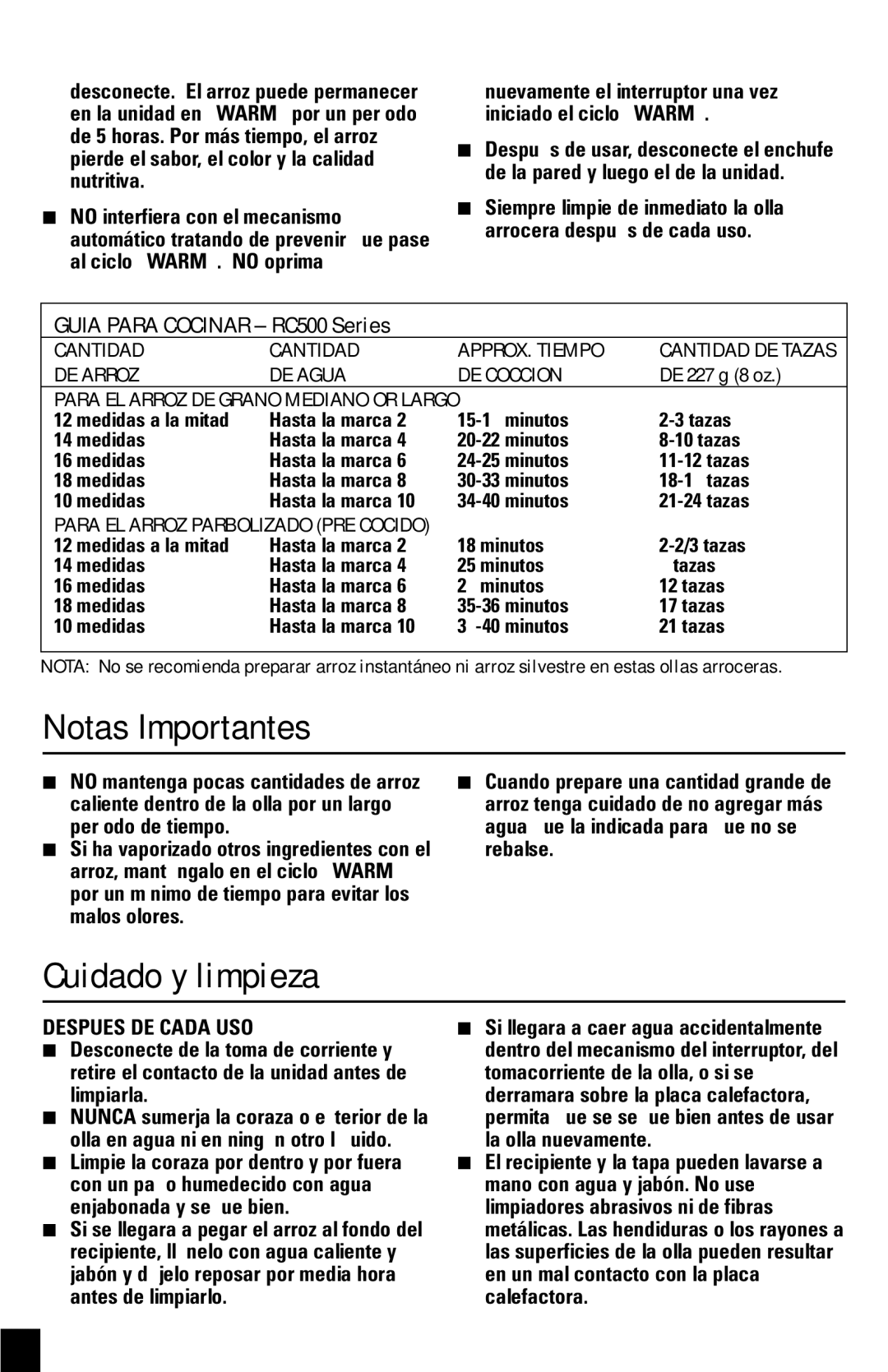 Black & Decker RC600 manual Notas Importantes, Cuidado y limpieza, Guia Para Cocinar RC500 Series, Despues DE Cada USO 