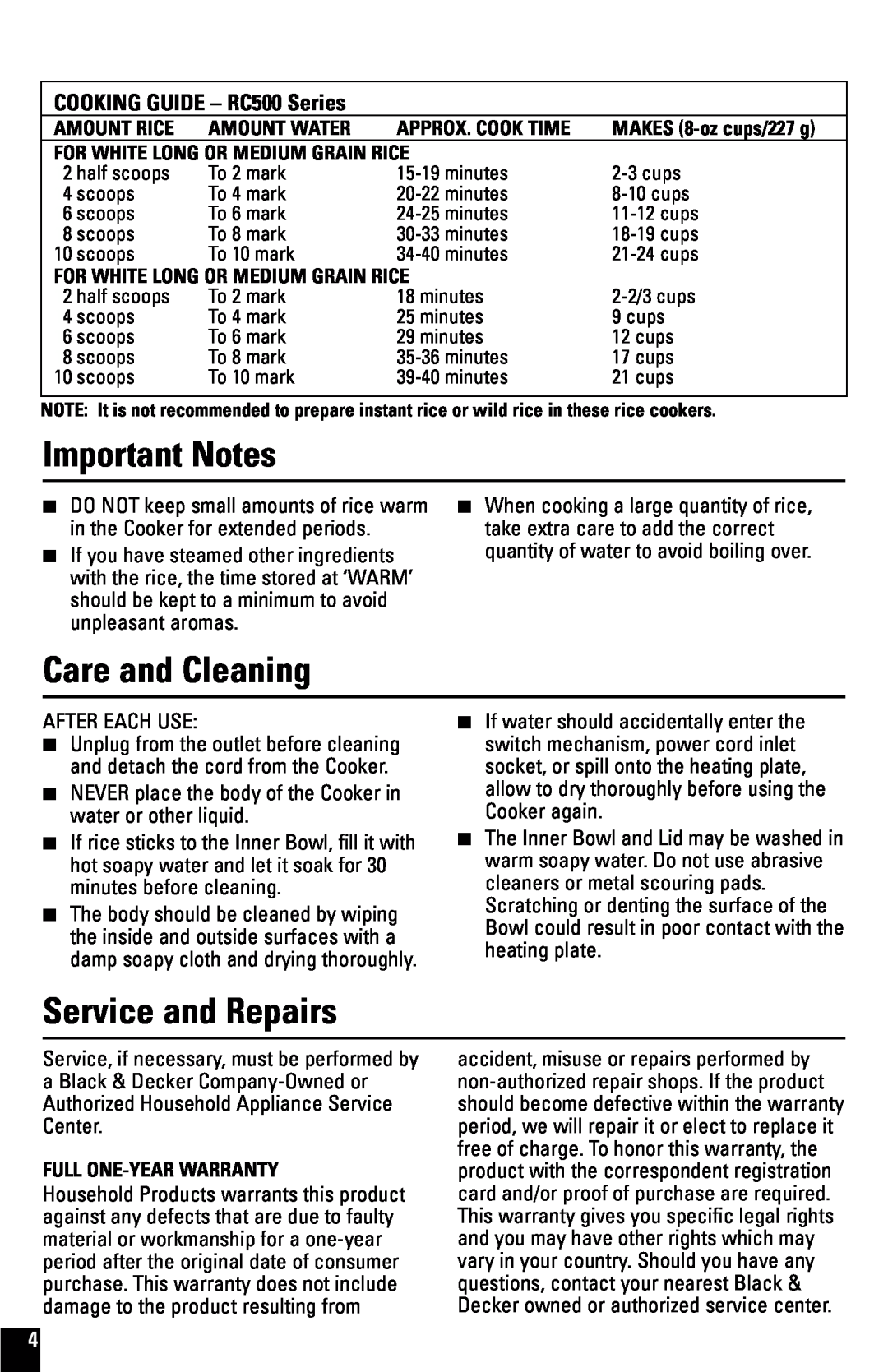 Black & Decker RC600 manual Important Notes, Care and Cleaning, Service and Repairs, COOKING GUIDE - RC500 Series 