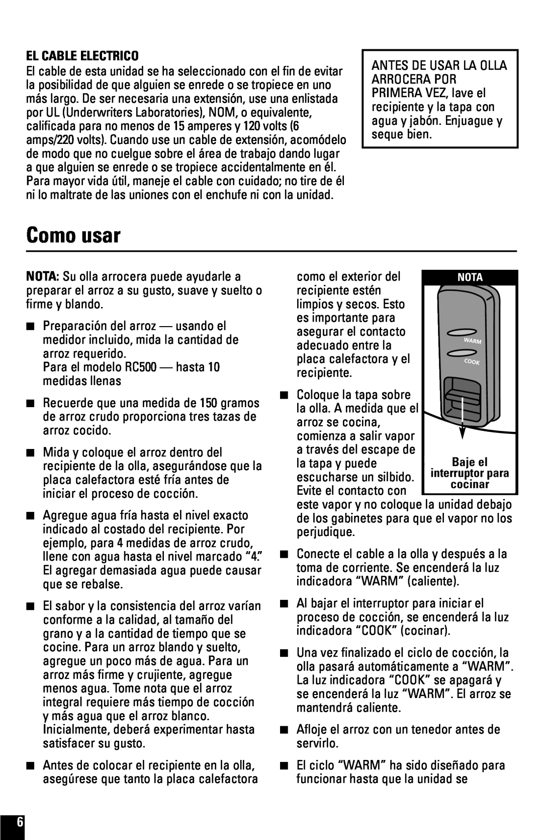 Black & Decker RC600 manual Como usar, El Cable Electrico 