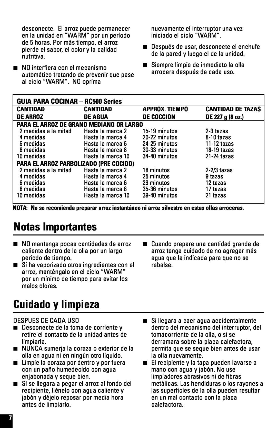 Black & Decker RC600 manual Notas Importantes, Cuidado y limpieza, GUIA PARA COCINAR - RC500 Series 