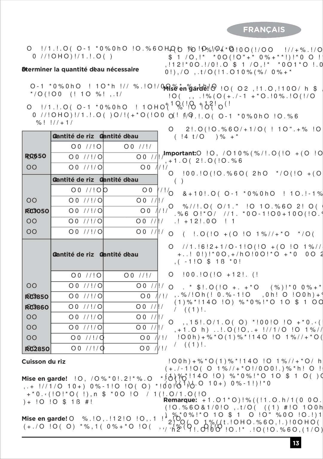 Black & Decker RC650 RC1050 RC1850 RC1860 RC2850 Déterminer la quantité d’eau nécessaire, Quantité de riz Quantité d’eau 