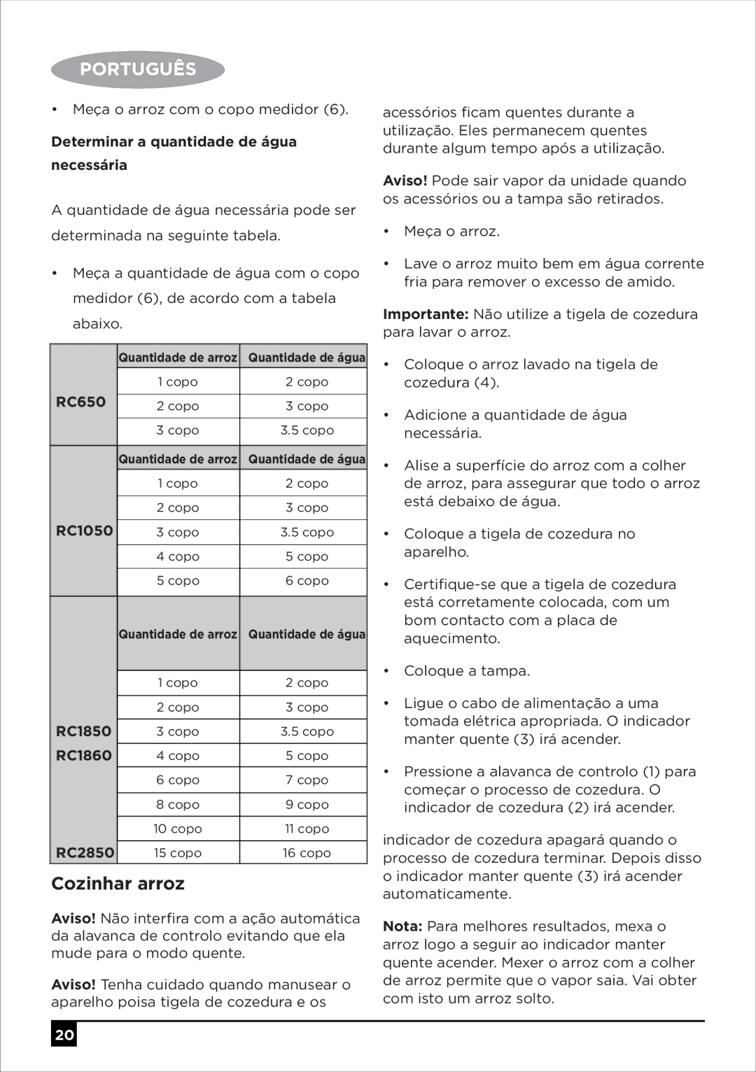 Black & Decker RC650 RC1050 RC1850 RC1860 RC2850 manual Cozinhar arroz, Determinar a quantidade de água necessária 