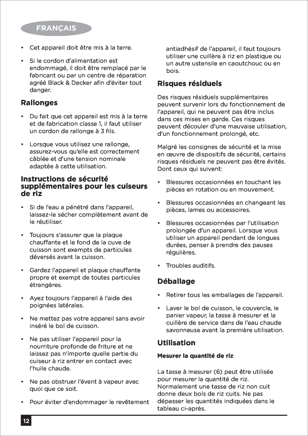 Black & Decker RC650 RC1050 RC1850 RC1860 RC2850 manual Rallonges, Risques résiduels, Déballage, Utilisation, Français 