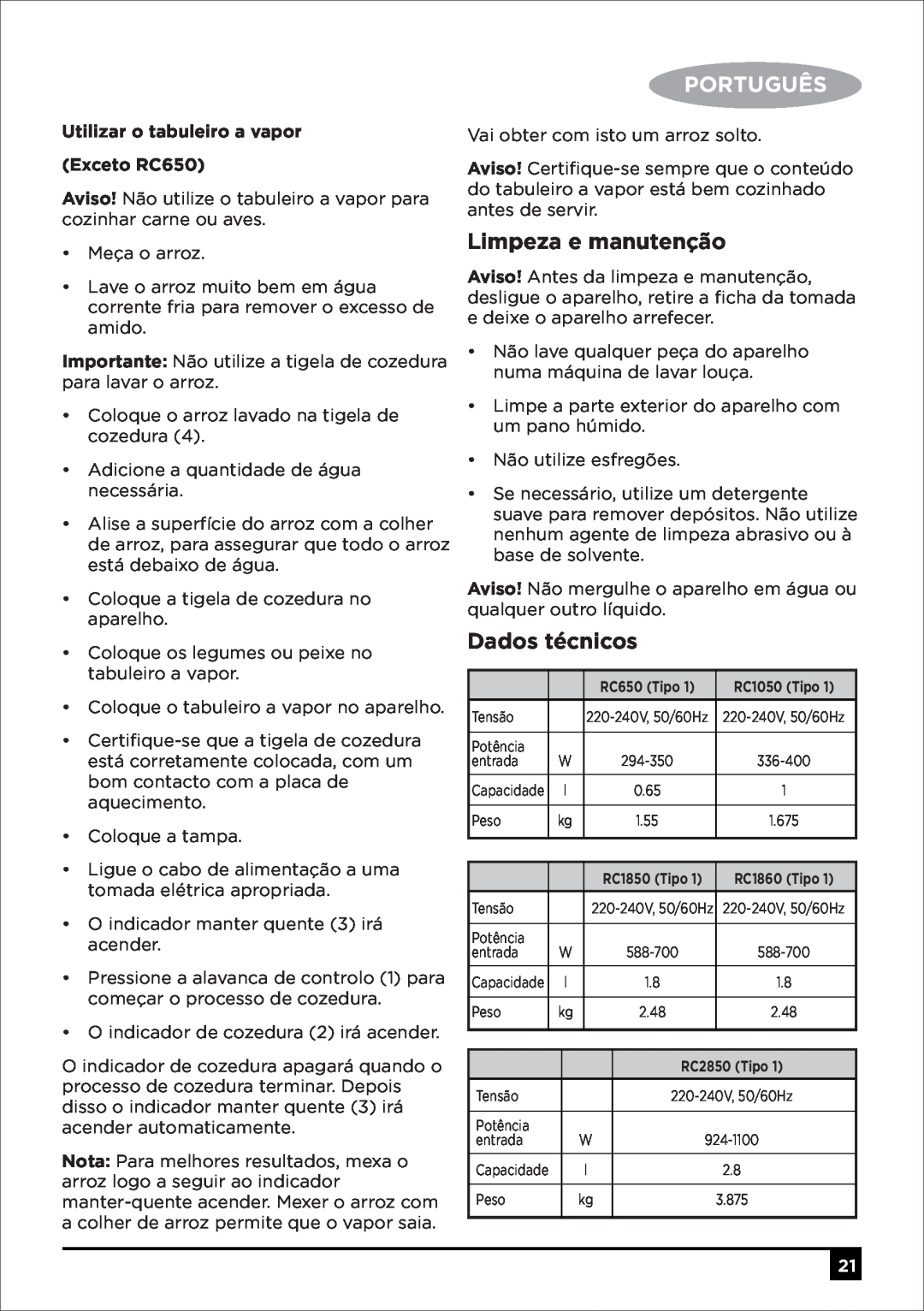 Black & Decker RC650 RC1050 RC1850 RC1860 RC2850 manual Limpeza e manutenção, Dados técnicos, Português 