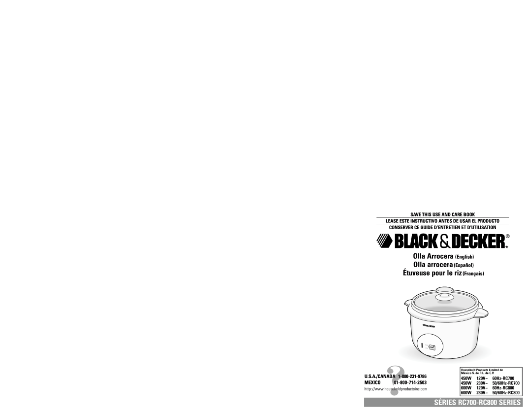 Black & Decker warranty Étuveuse pour le riz Français, SÉRIES RC700-RC800 SERIES, Save This Use And Care Book 