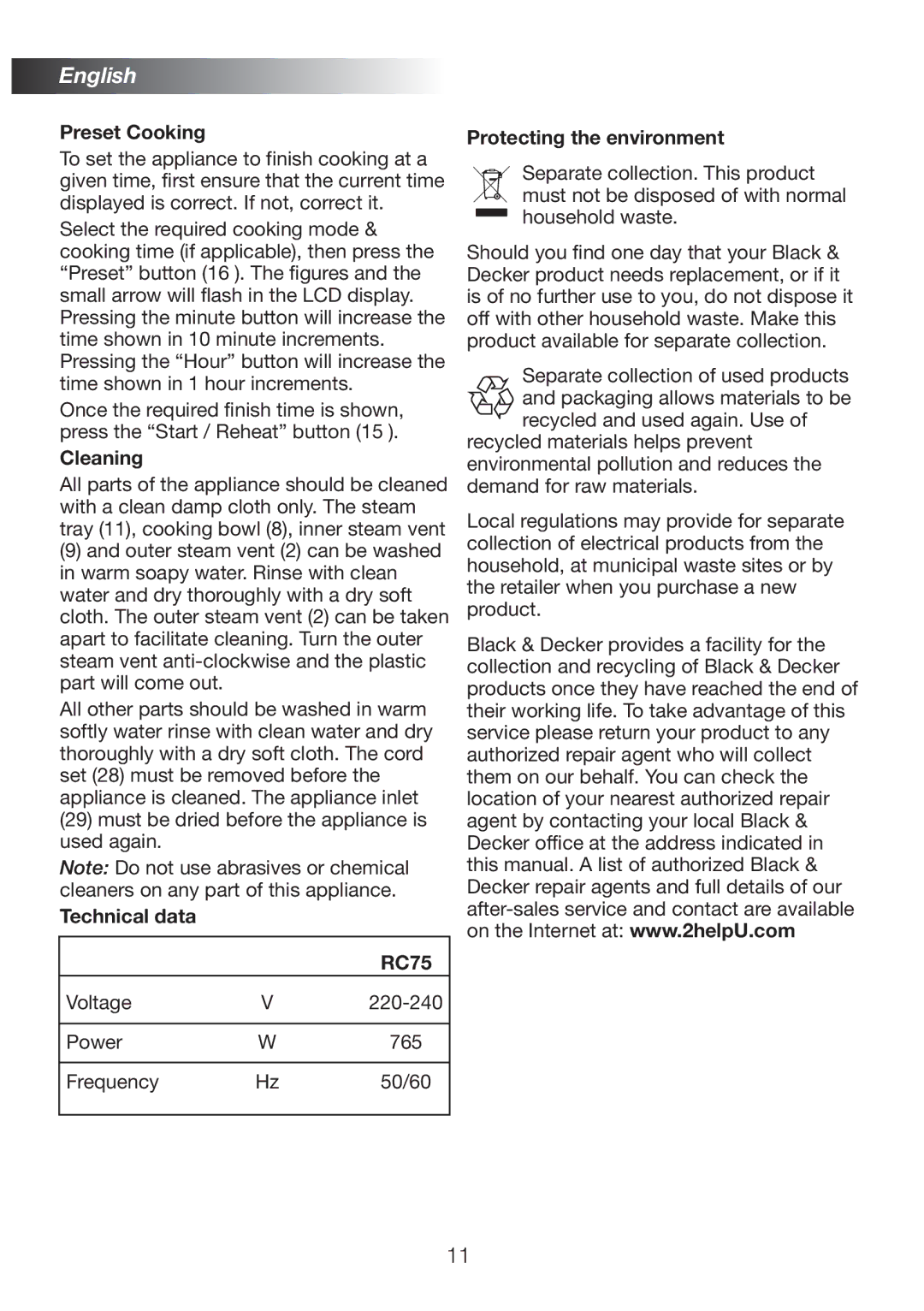 Black & Decker manual Preset Cooking, Cleaning, Technical data RC75, Protecting the environment 