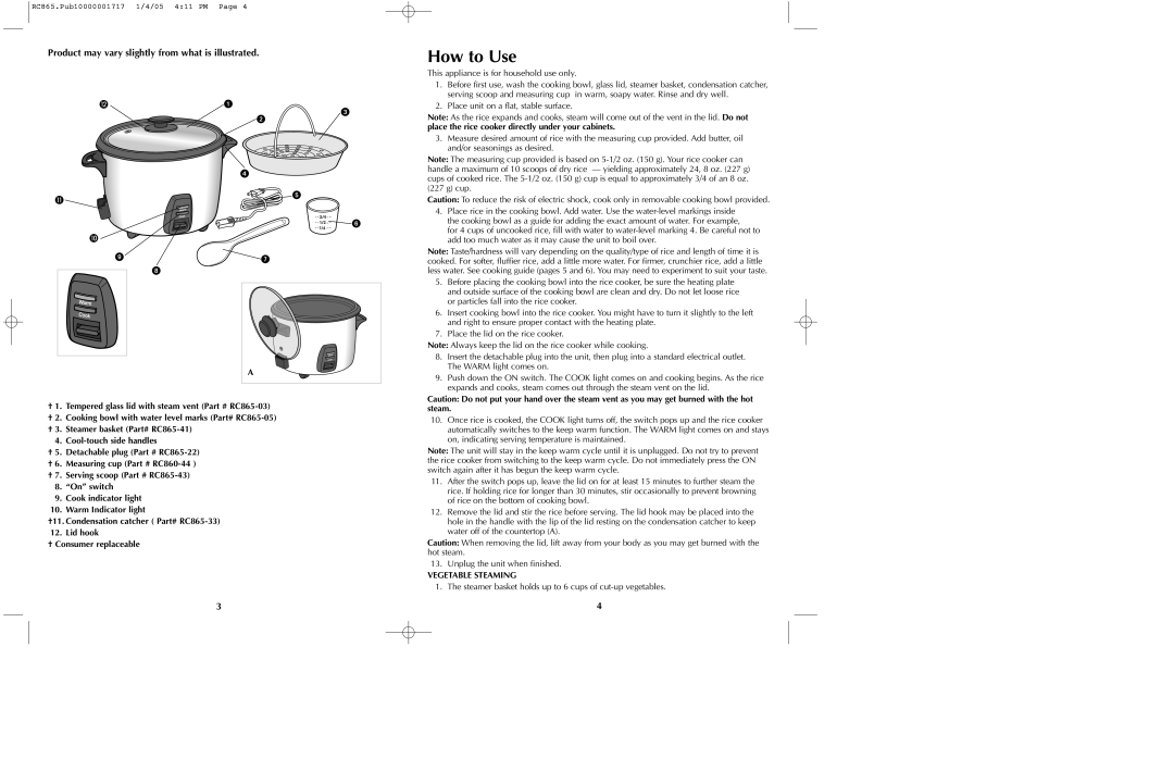 Black & Decker RC865 manual How to Use, Product may vary slightly from what is illustrated, Vegetable Steaming 